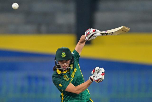 South Africa's Tazmin Brits plays a shot during the ICC Women's Cricket World Cup 2025 one-day international (ODI) match between Sri Lanka and South Africa at the R. Premadasa International Cricket Stadium in Colombo on October 17, 2025. (Photo by Ishara S. KODIKARA / AFP)