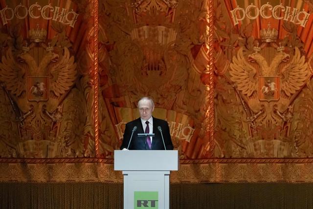 Russian President Vladimir Putin delivers his speech at the 20th anniversary celebration of the Russian state TV-station Russia Today at the Bolshoi Theater in Moscow on October 17, 2025. (Photo by Pavel Bednyakov / POOL / AFP)