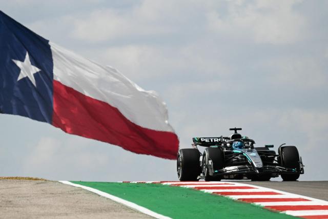 Mercedes' British driver George Russell races during the practice session for the United States Formula One Grand Prix at the Circuit of the Americas in Austin, Texas, on October 17, 2025. (Photo by RONALDO SCHEMIDT / AFP)