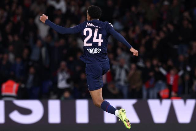 Paris Saint-Germain's French midfielder #24 Senny Mayulu celebrates after scoring PSG's third goal during the French L1 football match between Paris Saint-Germain (PSG) and RC Strasbourg Alsace at the Parc des Princes Stadium in Paris on October 17, 2025. (Photo by FRANCK FIFE / AFP)