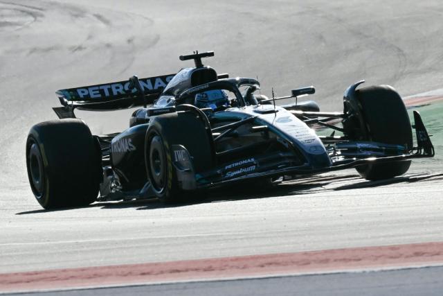 Mercedes' British driver George Russell races during the Sprint Qualifying ahead of the United States Formula One Grand Prix at the Circuit of the Americas in Austin, Texas, on October 17, 2025. (Photo by RONALDO SCHEMIDT / AFP)