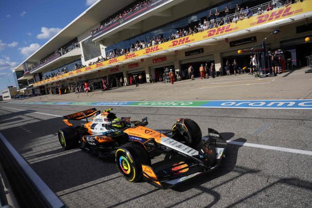 McLaren's British driver Lando Norris drives in pit lane during the Sprint Qualifying ahead of the United States Formula One Grand Prix at the Circuit of the Americas in Austin, Texas, on October 17, 2025. (Photo by John Locher / POOL / AFP)
