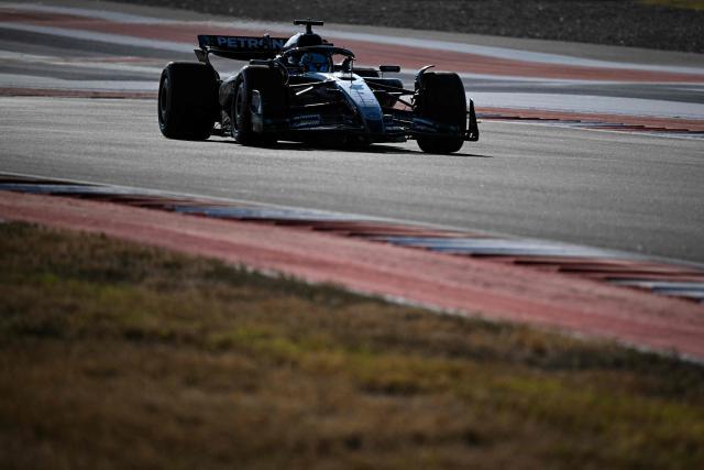 Mercedes' British driver George Russell races during the Sprint Qualifying ahead of the United States Formula One Grand Prix at the Circuit of the Americas in Austin, Texas, on October 17, 2025. (Photo by RONALDO SCHEMIDT / AFP)