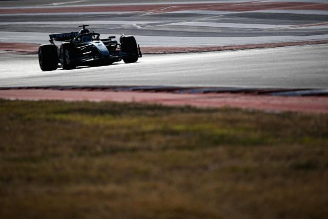 Mercedes' British driver George Russell races during the Sprint Qualifying ahead of the United States Formula One Grand Prix at the Circuit of the Americas in Austin, Texas, on October 17, 2025. (Photo by RONALDO SCHEMIDT / AFP)