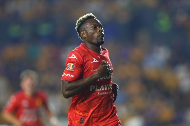Necaxa's Colombian forward #27 Diber Cambindo celebrates after scoring the opening goal during the Liga MX Apertura tournament football match between Tigres and Necaxa at the University stadium -aka El Volcan- in San Nicolas de los Garza, Nuevo Leon, Mexico on October 17, 2025. (Photo by Julio Cesar AGUILAR / AFP)