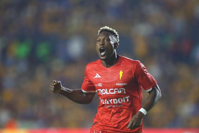 Necaxa's Colombian forward #27 Diber Cambindo celebrates after scoring his second goal during the Liga MX Apertura tournament football match between Tigres and Necaxa at the University stadium -aka El Volcan- in San Nicolas de los Garza, Nuevo Leon, Mexico on October 17, 2025. (Photo by Julio Cesar AGUILAR / AFP)