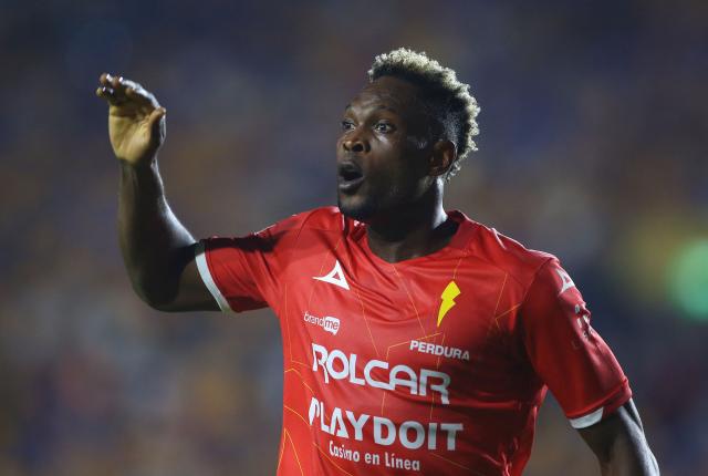 Necaxa's Colombian forward #27 Diber Cambindo celebrates after scoring his second goal during the Liga MX Apertura tournament football match between Tigres and Necaxa at the University stadium -aka El Volcan- in San Nicolas de los Garza, Nuevo Leon, Mexico on October 17, 2025. (Photo by Julio Cesar AGUILAR / AFP)