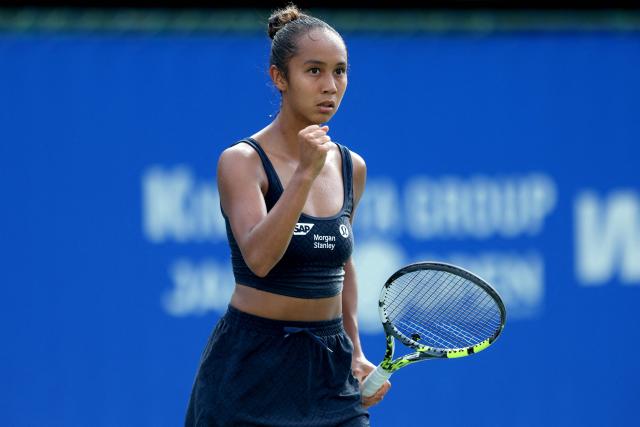 Canada's Leylah Fernandez reacts to her win against Romania's Sorana Cirstea during their women's singles semi-final match at the Japan Open tennis tournament in Osaka on October 18, 2025. (Photo by PAUL MILLER / AFP)