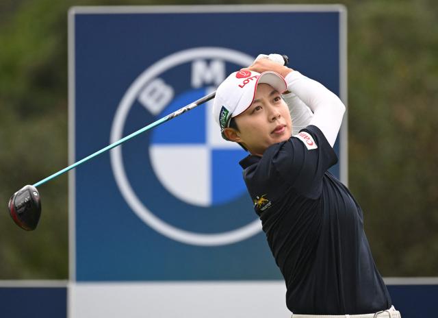 Kim Hyo-joo of South Korea tees off on the 6th hole during the third round of the LPGA Tour - BMW Ladies Championship golf tournament at Pine Beach Golf Links in Haenam on October 18, 2025. (Photo by Jung Yeon-je / AFP)