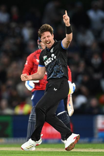 New Zealand's Matt Henry successfully appeals for leg before wicket (LBW) against England's Harry Brook during the first Twenty20 international cricket match between New Zealand and England at Hagley Oval in Christchurch on October 18, 2025. (Photo by Sanka VIDANAGAMA / AFP)