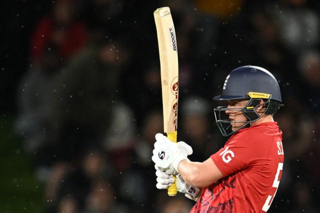 England's Sam Curran bats during the first Twenty20 international cricket match between New Zealand and England at Hagley Oval in Christchurch on October 18, 2025. (Photo by Sanka VIDANAGAMA / AFP)