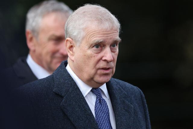 (FILES) Britain's Prince Andrew, Duke of York leaves after attending for the Royal Family's traditional Christmas Day service at St Mary Magdalene Church in Sandringham in eastern England, on December 25, 2023. The UK's Prince Andrew on October 17, renounced his title of Duke of York under pressure from his brother King Charles, amid further revelations about his ties to US sex offender Jeffrey Epstein. In an interview, Andrew vowed he had cut ties in 2010 with Epstein, who was disgraced after an American woman, Virginia Giuffre, accused him of using her as a sex slave. But in an reported exchange that emerged in UK media this week, Andrew told the convicted sex offender in 2011 that they were "in this together" when a photo of the prince with his arm around Giuffre was published. (Photo by Adrian DENNIS / AFP)