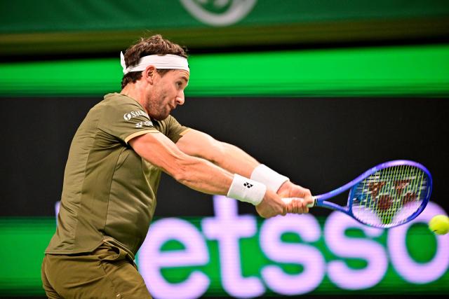 Norway's Casper Ruud returns the ball to Canada's Denis Shapovalov (not in Picture) during the semi-final of the BNP Paribas Nordic Open tennis tournament at the Royal Swedish Tennis Hall in Stockholm, Sweden, on October 18, 2025. (Photo by Magnus LEJHALL / various sources / AFP) / Sweden OUT