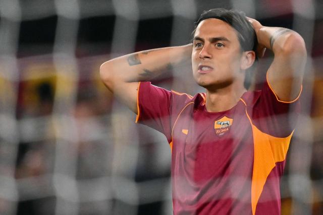 Roma's Argentine forward #21 Paulo Dybala reacts during the Italian Serie A football match between AS Roma and Inter Milan at the Olympic Stadium in Rome on October 18, 2025. (Photo by Filippo MONTEFORTE / AFP)