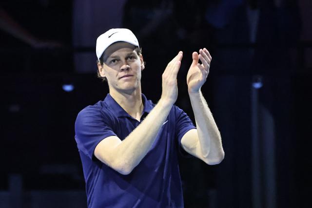 Italy's Jannik Sinner celebrates after defeating Spain's Carlos Alcaraz in the final the Six Kings Slam exhibition tennis tournament in Riyadh on October 18, 2025. (Photo by Fayez NURELDINE / AFP)
