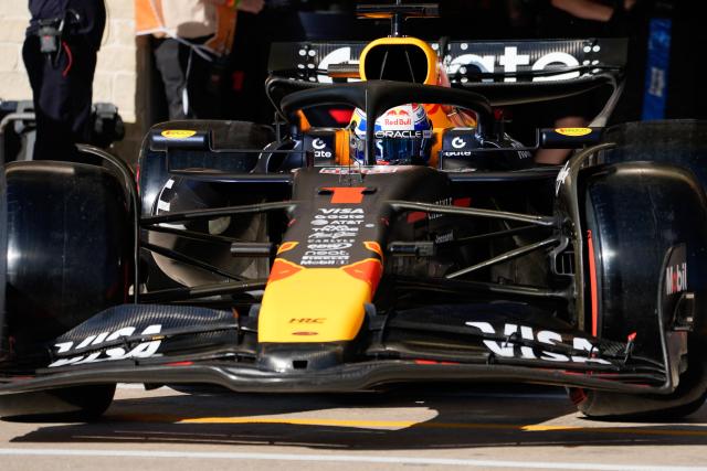Red Bull Racing's Dutch driver Max Verstappen pulls out of his garage for the qualifying session for the United States Formula One Grand Prix at the Circuit of the Americas in Austin, Texas, on October 18, 2025. (Photo by John Locher / POOL / AFP)