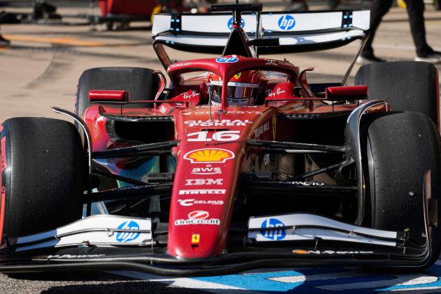 Ferrari's Monegasque driver Charles Leclerc races out of pit lane during the qualifying session for the United States Formula One Grand Prix at the Circuit of the Americas in Austin, Texas, on October 18, 2025. (Photo by John Locher / POOL / AFP)
