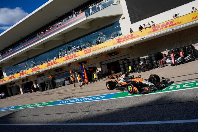 McLaren's Australian driver Oscar Piastri drives out of pit lane during the qualifying session for the United States Formula One Grand Prix at the Circuit of the Americas in Austin, Texas, on October 18, 2025. (Photo by John Locher / POOL / AFP)