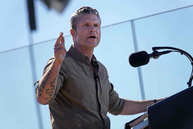 US Secretary of Defense Pete Hegseth delivers remarks as part of the Marine Corps' 250th anniversary celebration at Camp Pendleton, California, on October 18, 2025. (Photo by Oliver Contreras / AFP)