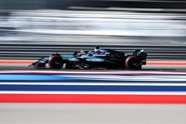 Mercedes' British driver George Russell races during the qualifying session for the United States Formula One Grand Prix at the Circuit of the Americas in Austin, Texas, on October 18, 2025. (Photo by RONALDO SCHEMIDT / AFP)