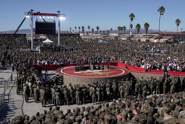 US Vice President JD Vance delivers remarks as part of the Marine Corps' 250th anniversary celebration at Camp Pendleton, California, on October 18, 2025. (Photo by Oliver Contreras / AFP)