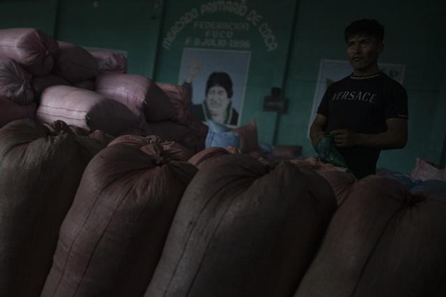 A man stands next to coca leaves packs at the Primary Coca Market of the United Central Unified Federation, in Shinaota, Cochabamba department, Bolivia on October 18, 2025. (Photo by ERNESTO BENAVIDES / AFP)