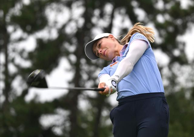 Brooke Matthews of the United States tees off on the 4th hole during the final round of the LPGA Tour - BMW Ladies Championship golf tournament at Pine Beach Golf Links in Haenam on October 19, 2025. (Photo by Jung Yeon-je / AFP)