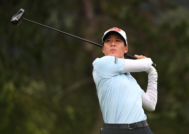 Celine Boutier of France tees off on the 5th hole during the final round of the LPGA Tour - BMW Ladies Championship golf tournament at Pine Beach Golf Links in Haenam on October 19, 2025. (Photo by Jung Yeon-je / AFP)