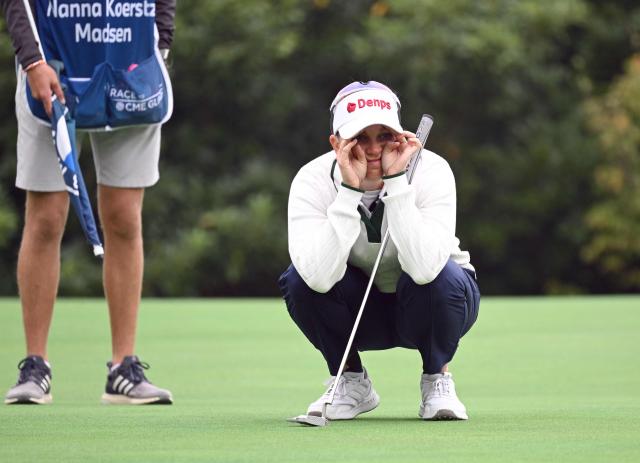 Nanna Koerstz Madsen of Denmark reacts on the 1st green during the final round of the LPGA Tour - BMW Ladies Championship golf tournament at Pine Beach Golf Links in Haenam on October 19, 2025. (Photo by Jung Yeon-je / AFP)
