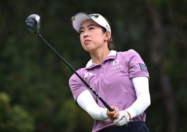 Yealimi Noh of the United States tees off on the 5th hole during the final round of the LPGA Tour - BMW Ladies Championship golf tournament at Pine Beach Golf Links in Haenam on October 19, 2025. (Photo by Jung Yeon-je / AFP)