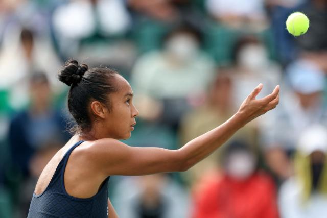 Canada's Leylah Fernandez serves to Czech Republic's Tereza Valentova during their women's singles final match at the Japan Open tennis tournament in Osaka on October 19, 2025. (Photo by PAUL MILLER / AFP)