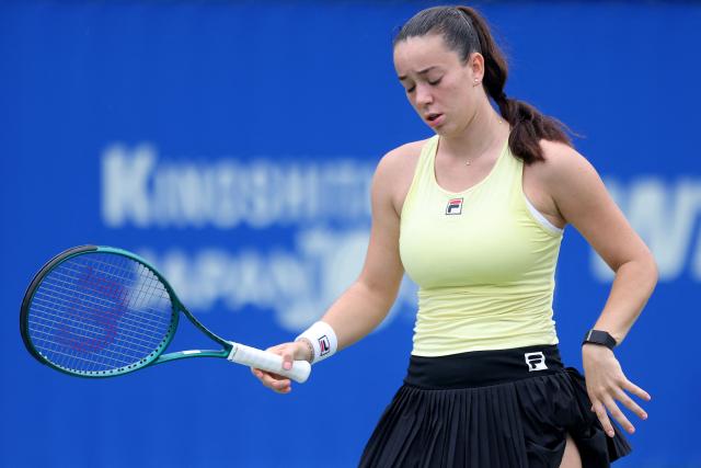 Czech Republic's Tereza Valentova reacts to a point against Canada's Leylah Fernandez during their women's singles final match at the Japan Open tennis tournament in Osaka on October 19, 2025. (Photo by PAUL MILLER / AFP)