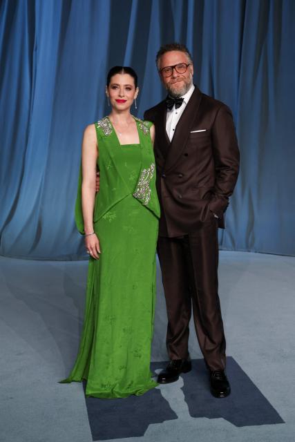 US actors Lauren Miller and Seth Rogen attend the Academy Museum Gala at the Academy Museum of Motion Pictures in Los Angeles on October 18, 2025. (Photo by VALERIE MACON / AFP)