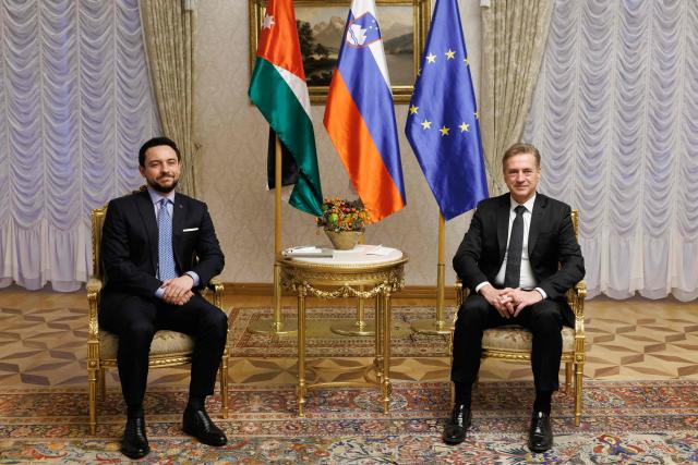 Slovenian Prime Minister Robert Golob (R) and Jordan's Crown Prince Hussein pose during their meeting in Brdo pri Kranju, on October 19, 2025. (Photo by Luka DAKSKOBLER / AFP)