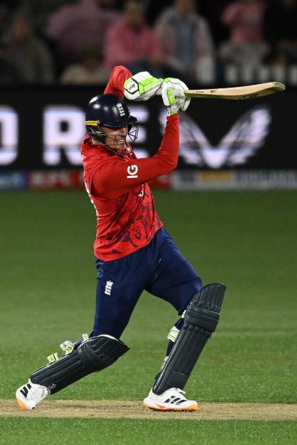 England's Tom Banton bats during the second Twenty20 international cricket match between New Zealand and England at Hagley Oval in Christchurch on October 20, 2025. (Photo by Sanka VIDANAGAMA / AFP)