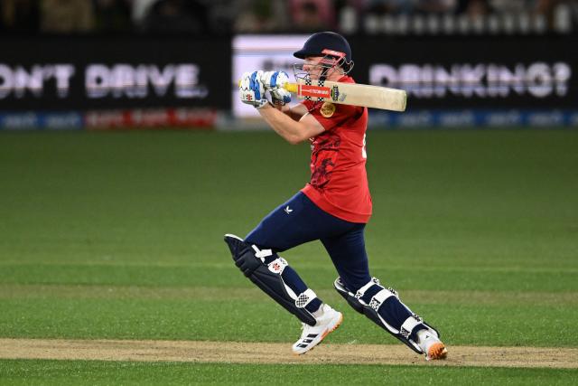 England's Harry Brook bats during the second Twenty20 international cricket match between New Zealand and England at Hagley Oval in Christchurch on October 20, 2025. (Photo by Sanka VIDANAGAMA / AFP)