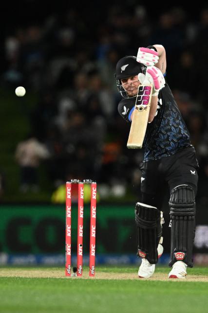 New Zealand's Tim Seifert bats during the second Twenty20 international cricket match between New Zealand and England at Hagley Oval in Christchurch on October 20, 2025. (Photo by Sanka VIDANAGAMA / AFP)
