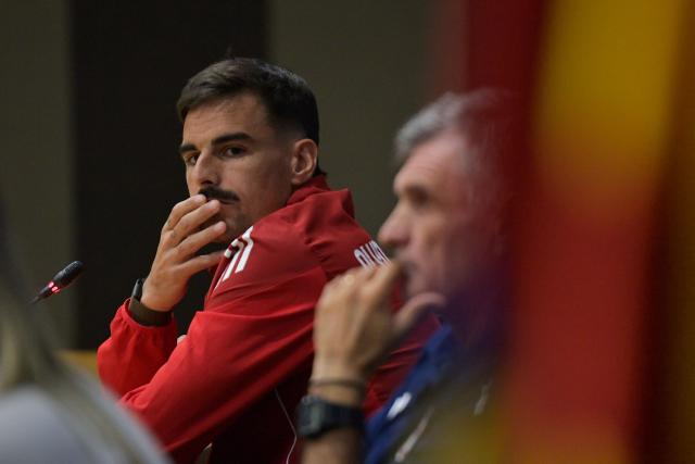 Olympiakos' Spanish midfielder #14 Daniel Garcia Carrillo looks on during a press conference on the eve of the UEFA Champions League league phase match day 3 football match between FC Barcelona and Olympiakos FC at Estadi Olimpic Lluis Companys in Barcelona on October 20, 2025. (Photo by MANAURE QUINTERO / AFP)