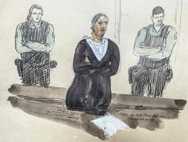 This court sketch made  October 17, 2025 shows defendant  Dahbia Benkired during her trial over the 2022 rape and murder, accompanied by acts of torture, of Lola, a 12-year-old Parisian girl, at the Assizes Court in the Palais de Justice courthouse in Paris. An Algerian woman apologised for her "horrible" actions on October 17 as she went on trial accused of raping and murdering a 12-year-old girl in Paris, in a case that sparked horror in France and was seized by the far right. (Photo by Benoit PEYRUCQ / AFP)