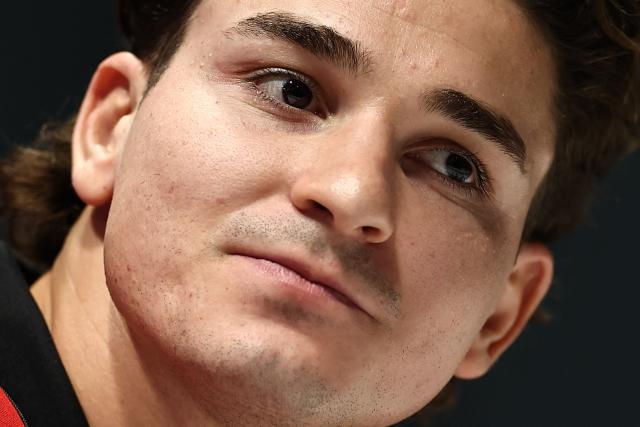 Atletico Madrid's Argentine forward #19 Julian Alvarez speaks during a press conference at the Emirates Stadium in London, on October 20, 2025, on the eve of their UEFA Champions League league phase football match against Arsenal. (Photo by HENRY NICHOLLS / AFP)