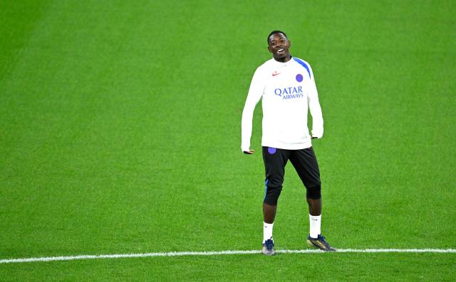 Paris Saint-Germain's French forward #10 Ousmane Dembele attends a training session on the eve of the UEFA Champions League league phase football match between Bayer 04 Leverkusen and Paris Saint-Germain (PSG) at the BayArena stadium in Leverkusen, western Germany on October 20, 2025. (Photo by Ina FASSBENDER / AFP)