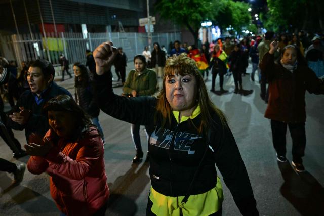 Demonstrators protest against president-elect Rodrigo Paz following the results of the run-off presidential election in La Paz on October 20, 2025. Paz, a 58-year-old economist, won Sunday's election with 54.5% of the counted votes, ahead of right-wing former president Jorge Quiroga, who received 45.4%, according to the official tally. He is set to take office on November 8. (Photo by MARTIN BERNETTI / AFP)