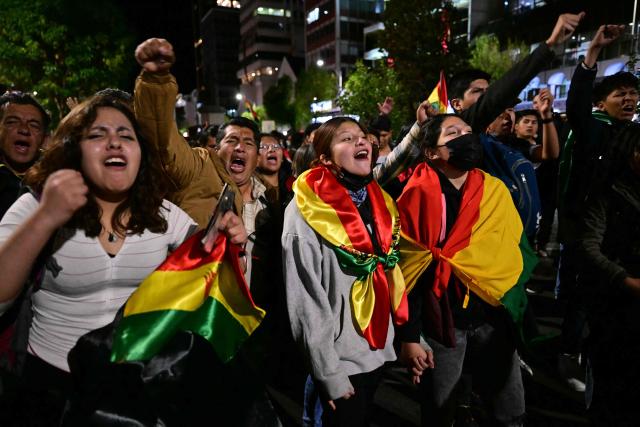 Demonstrators shout "fraud" during a protest against president-elect Rodrigo Paz following the results of the run-off presidential election in La Paz on October 20, 2025. Paz, a 58-year-old economist, won Sunday's election with 54.5% of the counted votes, ahead of right-wing former president Jorge Quiroga, who received 45.4%, according to the official tally. He is set to take office on November 8. (Photo by MARTIN BERNETTI / AFP)