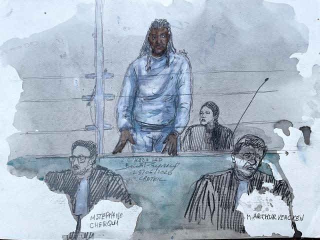 (FILES) This court sketch made on June 25, 2025 shows the French rapper Koba LaD during his trial for involuntary manslaughter at the courthouse of Créteil, on the outskirts of Paris. The trial of Koba LaD before the appeal courthouse in Paris over acts of violence on his former manager will open on October 23, 2025. (Photo by Benoit PEYRUCQ / AFP)