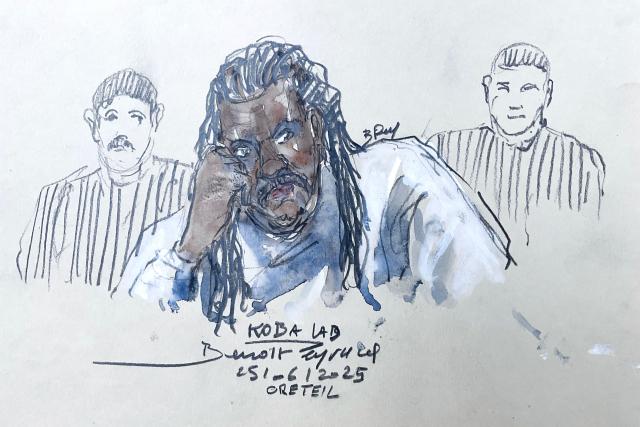 (FILES) This court sketch made on June 25, 2025 shows the French rapper Koba LaD during his trial for involuntary manslaughter at the courthouse of Créteil, on the outskirts of Paris. The trial of Koba LaD before the appeal courthouse in Paris over acts of violence on his former manager will open on October 23, 2025. (Photo by Benoit PEYRUCQ / AFP)
