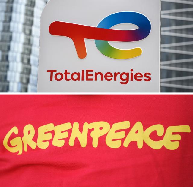 (FILES) (COMBO) This combination of files photos made on February 25, 2024, shows, (top) the logo of energy company TotalEnergies on May 28, 2021, at La Defense and (bottom) the logo on a shirt of environmental organisation Greenpeace on May 23, 2016, in Douarnenez. The Paris court will deliver a closely watched ruling on October 23, 2025 in a groundbreaking "greenwashing" case in France involving a multinational energy company.
The judicial court, approached in March 2022 by NGOs Greenpeace France, Friends of the Earth France, and Notre Affaire à Tous, must determine whether TotalEnergies disseminated "misleading advertisements" by suggesting it could "help preserve the planet" while continuing to drill for oil and gas. Closely followed by economic circles and climate advocates, the decision could set a new precedent in the emerging European case law on corporate environmental communication. (Photo by Christophe ARCHAMBAULT / AFP)