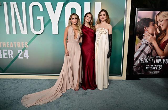(L/R) US actress McKenna Grace, US actress Allison Williams and US actress Willa Fitzgerald attend the premiere of the Paramount Pictures' "Regretting You" in Los Angeles, California, on October 20, 2025. (Photo by Frederic J. BROWN / AFP)