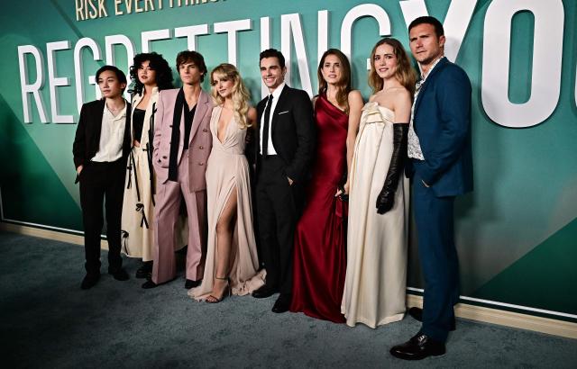 Cast members (L/R) US actor Ethan Costanilla, US actor Sam Morelos, US actor Mason Thames, US actress McKenna Grace, US actor Dave Franco, US actress Allison Williams, US actress Willa Ftzgerald and US actor Scott Eastwood attend the premiere of the Paramount Pictures' "Regretting You" in Los Angeles, California, on October 20, 2025. (Photo by Frederic J. BROWN / AFP)