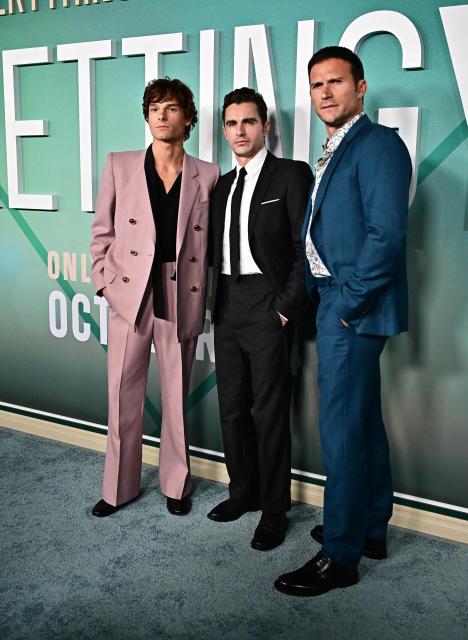 (L/R) US actor Mason Thames, US actor Dave Franco and US actor Scott Eastwood attend the premiere of the Paramount Pictures' "Regretting You" in Los Angeles, California, on October 20, 2025. (Photo by Frederic J. BROWN / AFP)