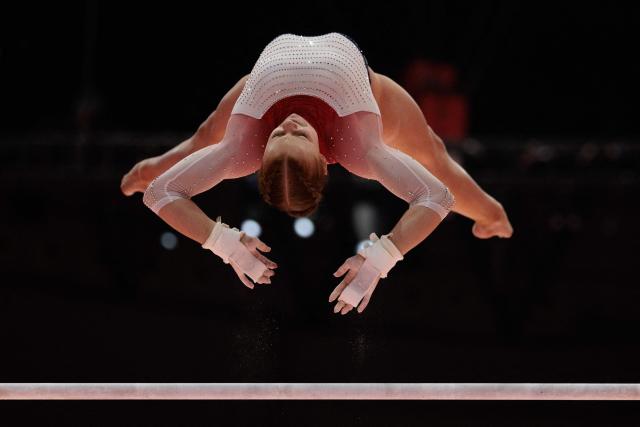 USA's Dulcy Caylor competes on the uneven bars during the women's qualifying session at the 53rd FIG Artistic Gymnastics World Championships in Jakarta on October 21, 2025. (Photo by Yasuyoshi CHIBA / AFP)